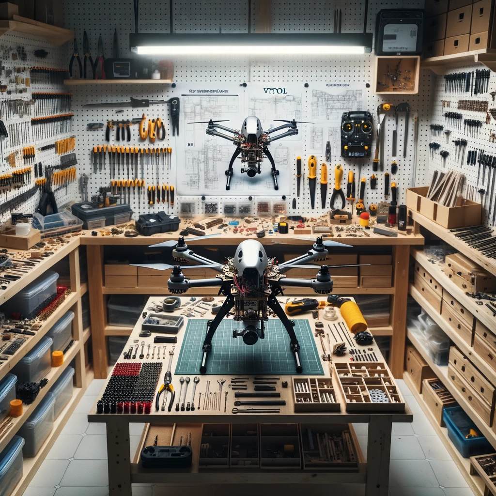 DALL·E 2023-10-23 17.13.50 - Photo of a well-lit workshop with shelves full of tools and parts. In the center, a VTOL drone is being assembled, with detailed construction plans pi