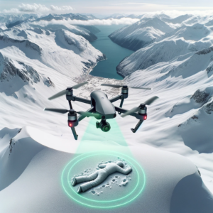 DALL·E 2023-10-23 17.14.59 - Photo of a drone equipped with multiple advanced sensors hovering over a snowy mountain. Below, the sensors detect a buried skier, with a highlighted