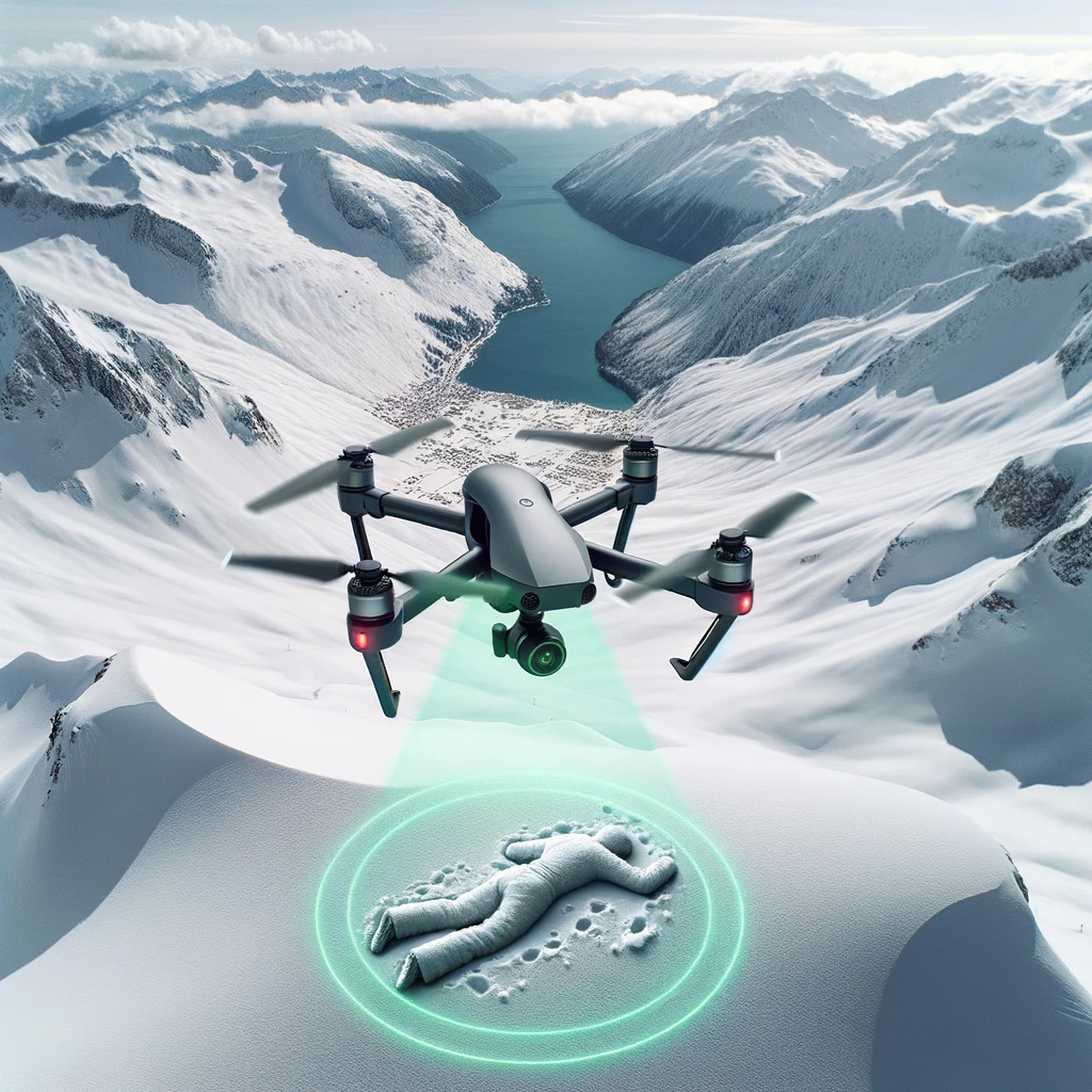 DALL·E 2023-10-23 17.14.59 - Photo of a drone equipped with multiple advanced sensors hovering over a snowy mountain. Below, the sensors detect a buried skier, with a highlighted