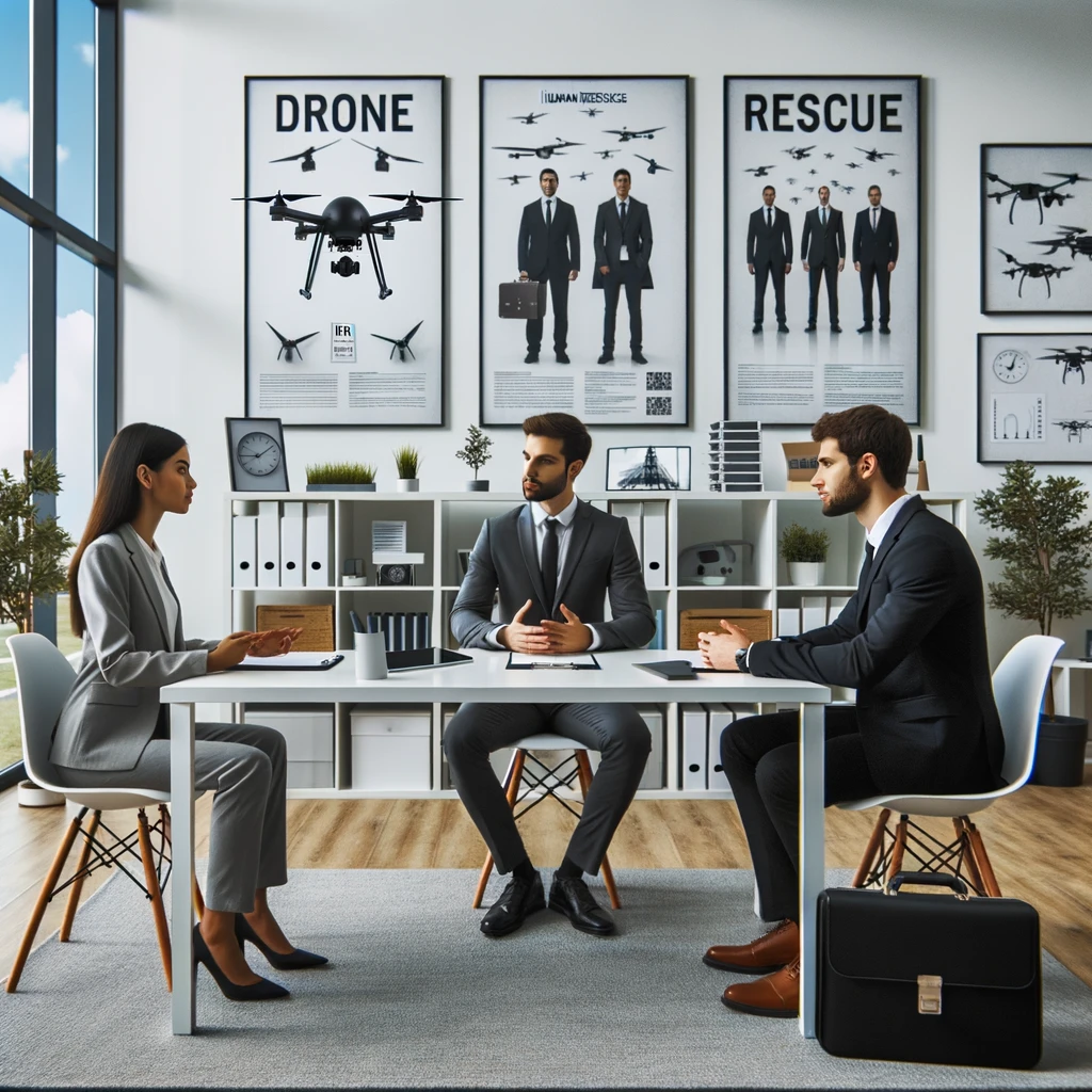 DALL·E 2023-10-23 17.16.25 - Photo of a modern office setting where HR (Human Resources) professionals of diverse descent are conducting interviews for a drone rescue company. The
