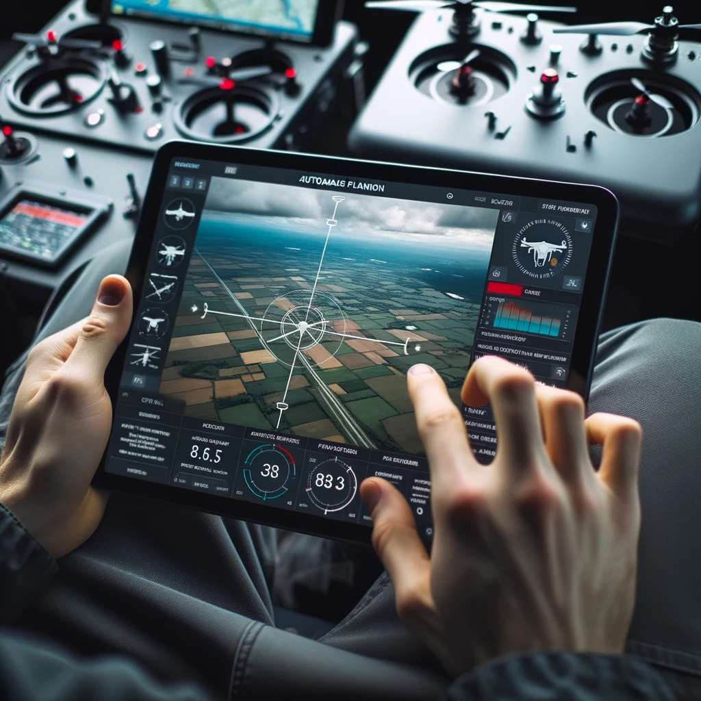 DALL·E 2023-10-23 17.17.27 - Photo of a drone technician using a tablet to set up autonomous flight planning for a drone. The software interface displays a detailed map, flight tr